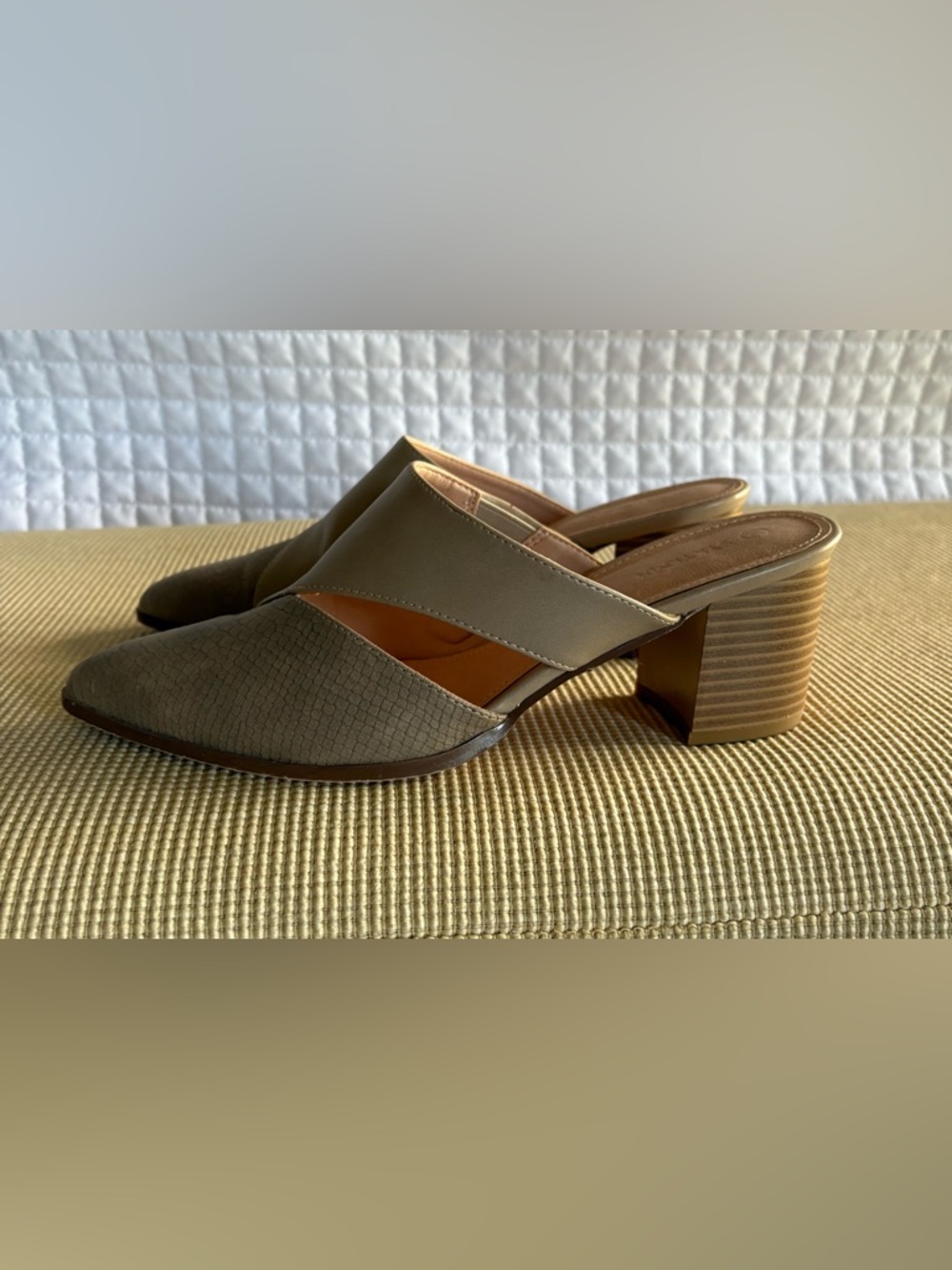 Classic Taupe Block Heel Mule with Textured Toe